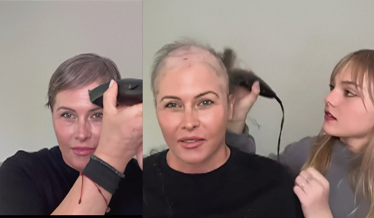 "Nicole Eggert, symbolizing strength and resilience, shaving her head as a gesture of courage in her fight against breast cancer."