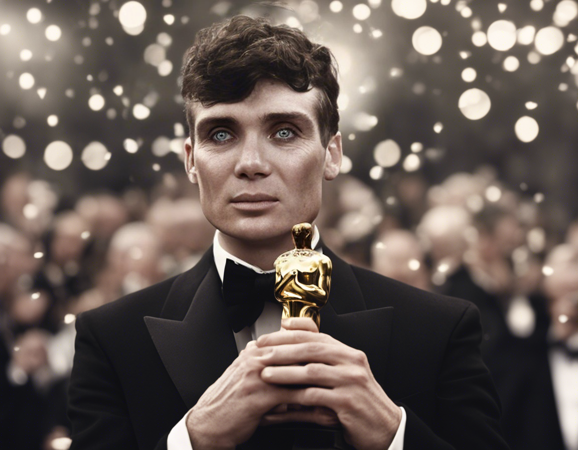 Cillian Murphy smiling with his Best Actor Oscar trophy for 'Oppenheimer' at the Academy Awards ceremony.